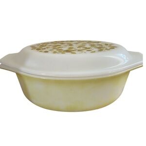 Vintage Pyrex Verde Olive 1.5 Quart Floral Milk Glass Casserole Dish With Lid
